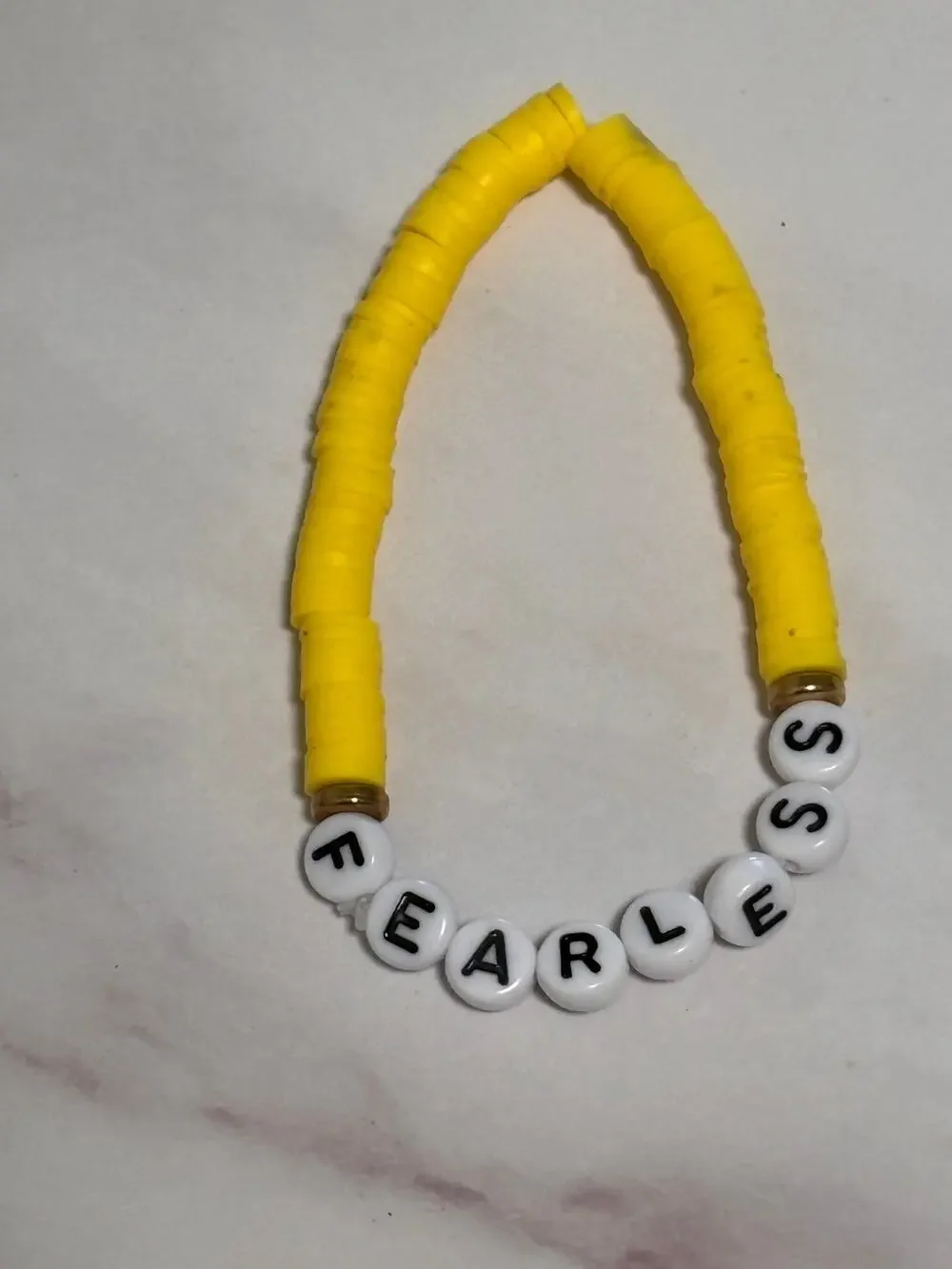 Fearless Yellow Heishi Word Bracelet 7 Inch Polymer Clay Gold White Letter Beads